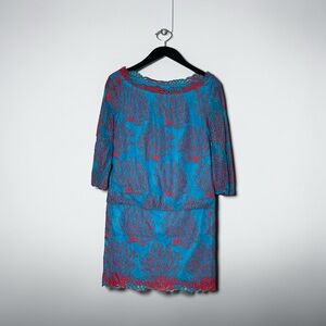 Lilly Pulitzer Cee Cee Dress 00 Blue Pink Coral Mesh 3/4 Sleeve Lined Stretch